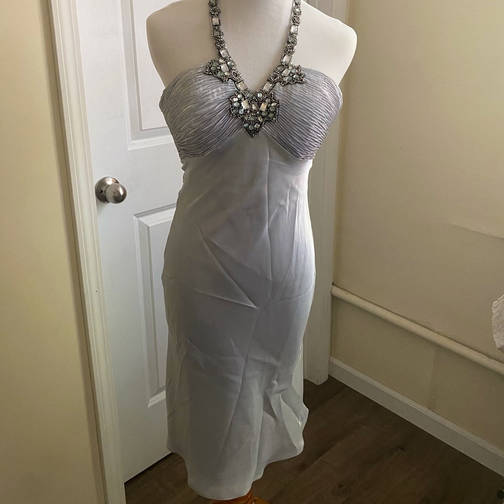 Silver cocktail dress with bead/rhinestone embellishment